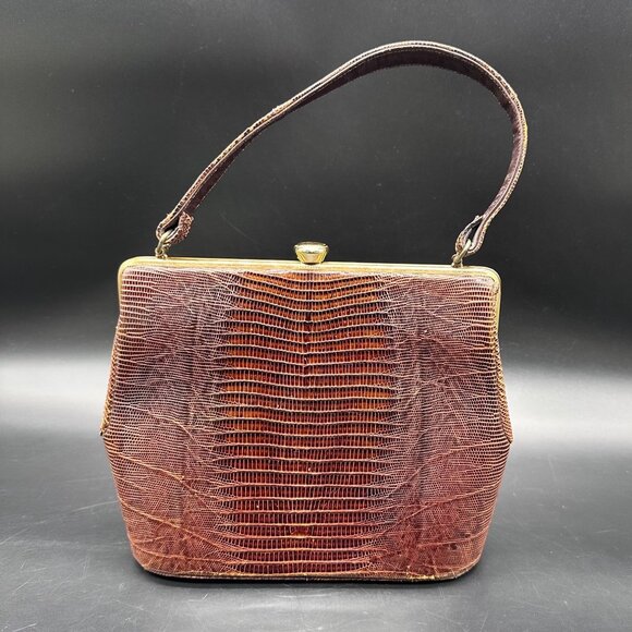 Vintage Purse Lizard Leather Handbag Lesco Mid Century Brown Gold Hardware Retro - Picture 4 of 16